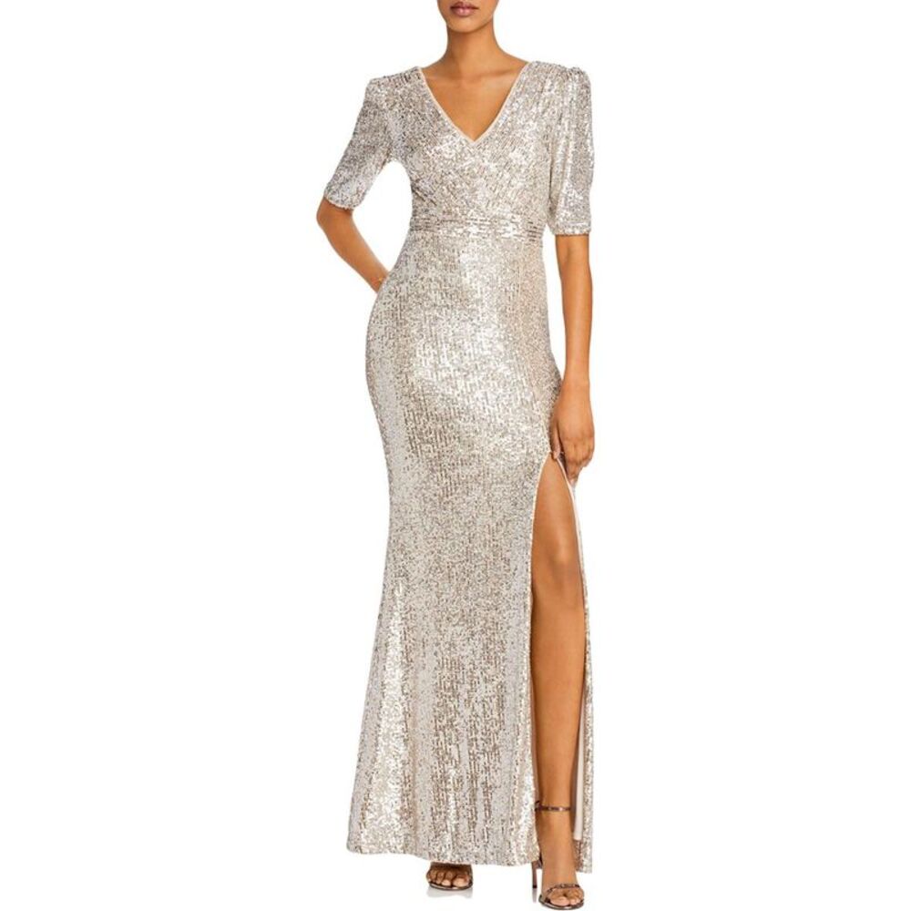 Aqua Silver Sequin V-Neck Maxi Gown with Side Thigh Slit